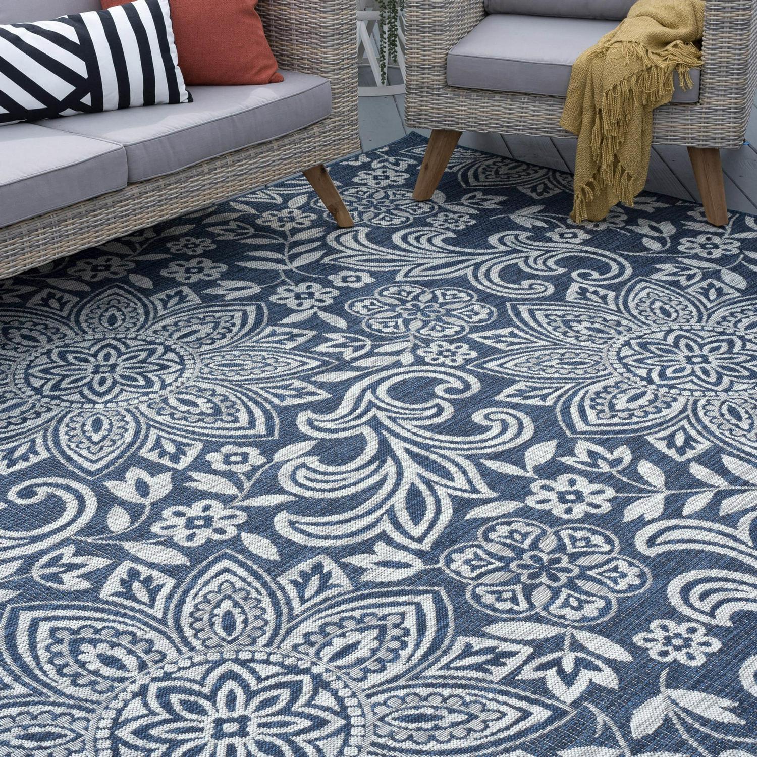 Bliss Rugs Floral Large Indoor Outdoor Area Rug for Patio, Porch, Garden | Navy and Light Gray, 5'3''x7'3''