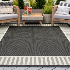 5x8 Water Resistant, Indoor Outdoor Rugs for Patios, Front Door Entry, Entryway, Deck, Porch, Balcony | Outside Area Rug for Patio | Black, Striped Border | Size: 5'3'' x 7'3''