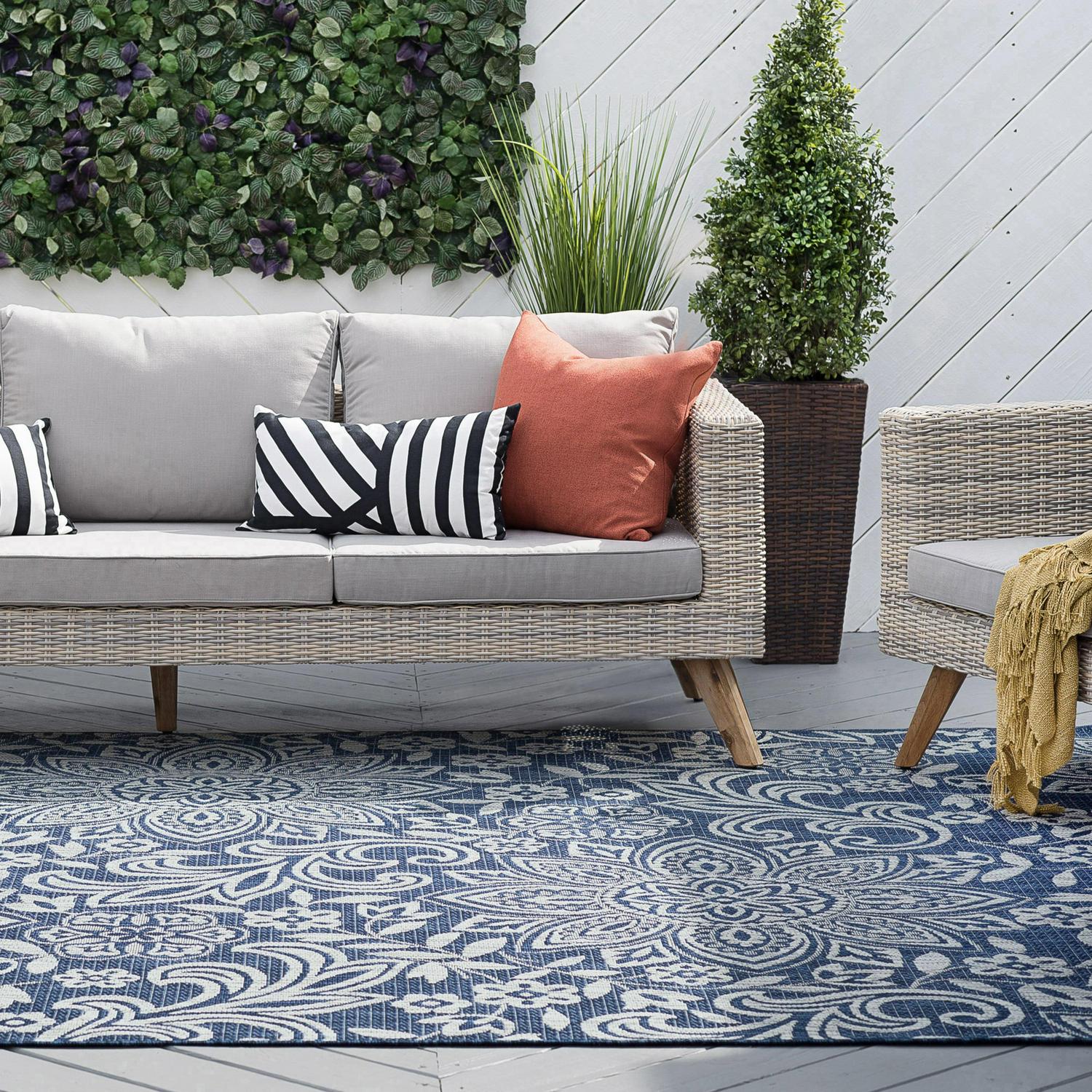 Bliss Rugs Floral Large Indoor Outdoor Area Rug for Patio, Porch, Garden | Navy and Light Gray, 5'3''x7'3'' - Image 7