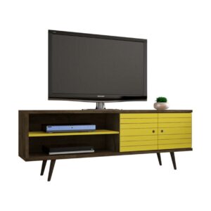 62.99" Mid Century - Modern TV Stand with 3 Shelves & 2 Doors with Solid Wood Legs, Brown, Yellow