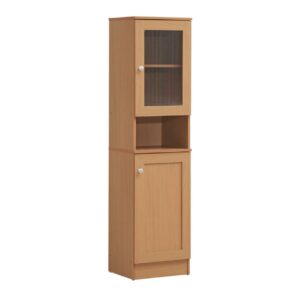63" Tall Slim Open Shelf Plus Top and Bottom Enclosed Storage Kitchen Pantry in Beech