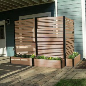72in H x 46in W x 13in L (1 Screen w/ Planter) Freestanding Enclo Florence Cedar Color Privacy Fence Screen with Planter Box, Outdoor Vinyl Privacy Screen Panel for Patio & Air Conditioner, EC18024