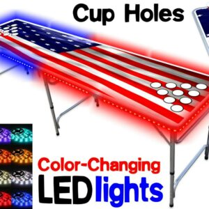 8-Foot Professional Beer Pong Table With Cup Holes & LED Glow Lights - America Edition