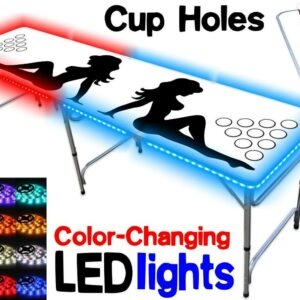 8-Foot Professional Beer Pong Table w/ Cup Holes & LED Glow Lights - Trucker Girl Edition