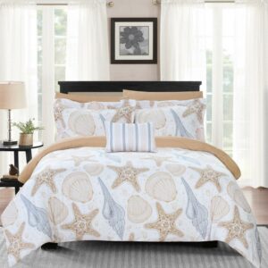 8 or 6 Piece Reversible Comforter Set "Sea, Sand, Surf" Theme Print Design Bed in a Bag