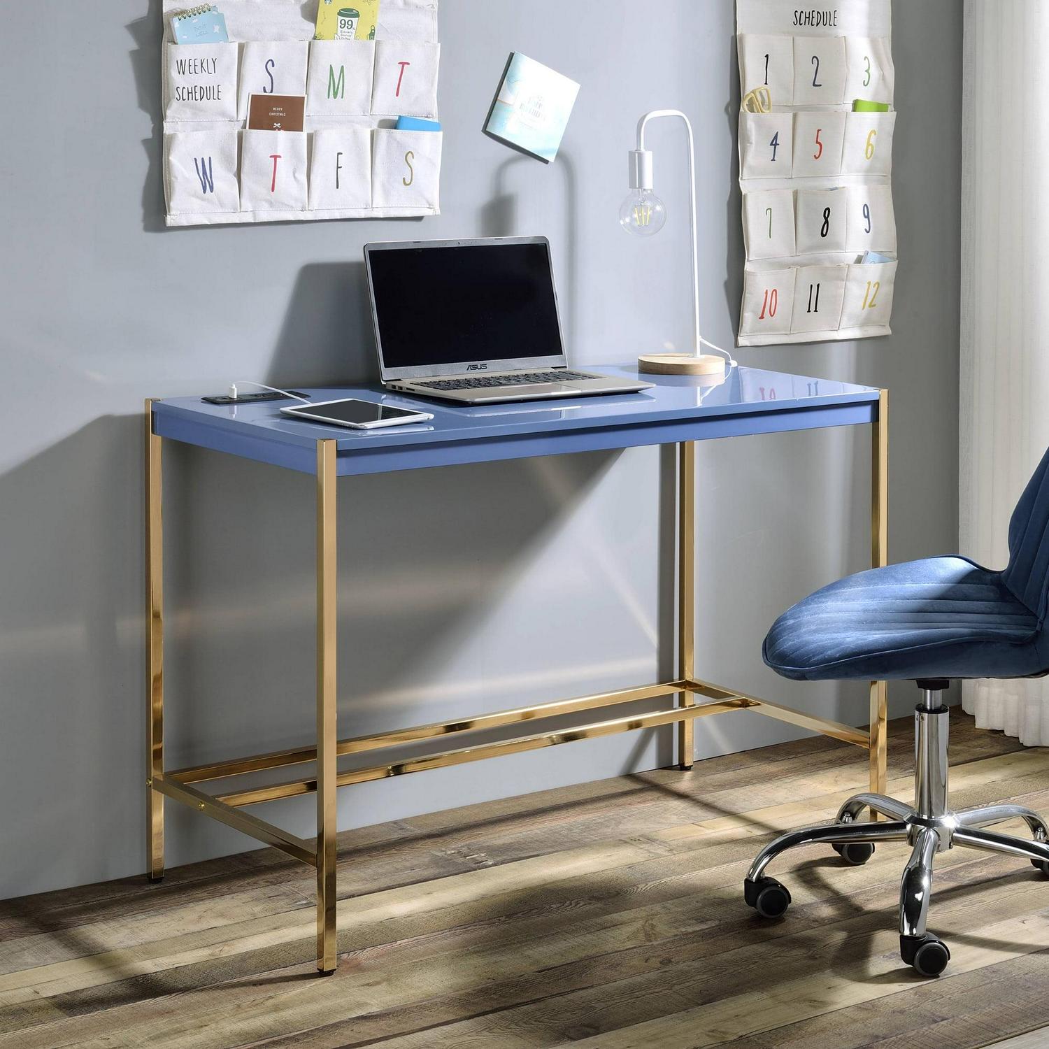 ACME Midriaks Writing Desk with USB Port in Navy Blue and Gold - Image 5