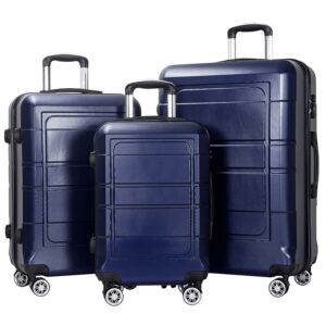 AEDILYS 3 Pcs Hardside Luggage Set, with TSA Lock and 20"/24"/28" Luggage Bags, Dark Blue
