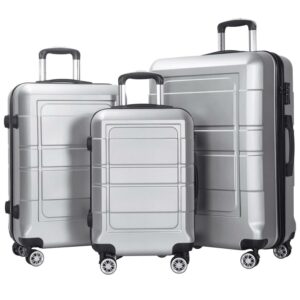 AEDILYS 3 Pcs Hardside Luggage Set, with TSA Lock and 20"/24"/28" Luggage Bags, Silver