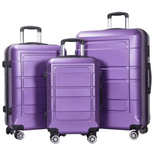 AEDILYS 3 Piece Luggage Sets, ABS Hardside Suitcase Set, TSA Lock, Purple
