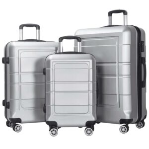 AEDILYS 3 Piece Luggage Sets, ABS Hardside Suitcase Set, TSA Lock, Silver