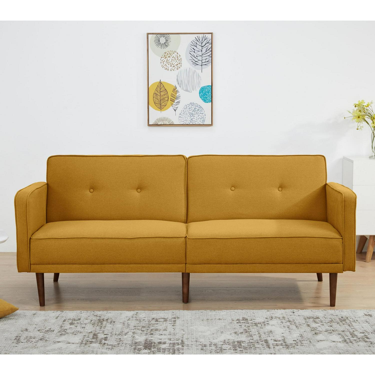 A&D Home Moreno Polyester Split Back Convertible Sofa, 3 Person Tufted Couch, Yellow