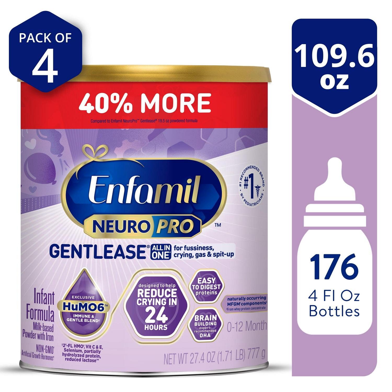 Enfamil NeuroPro Gentlease Baby Formula for Easing Fussiness, Gas, Spit-up in 24 Hrs, 27.4 Oz, 4 Count