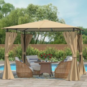 Abble 10ft. x 10ft. Steel Outdoor Patio Gazebo with Curtains Tan