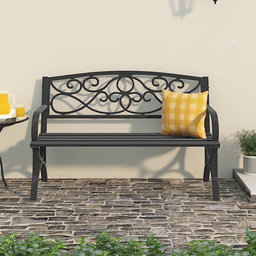 Abble Outdoor Steel Patio Bench, Cast Iron Scroll Back Garden Bench - Image 2