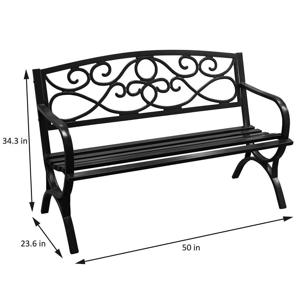 Abble Outdoor Steel Patio Bench, Cast Iron Scroll Back Garden Bench - Image 5