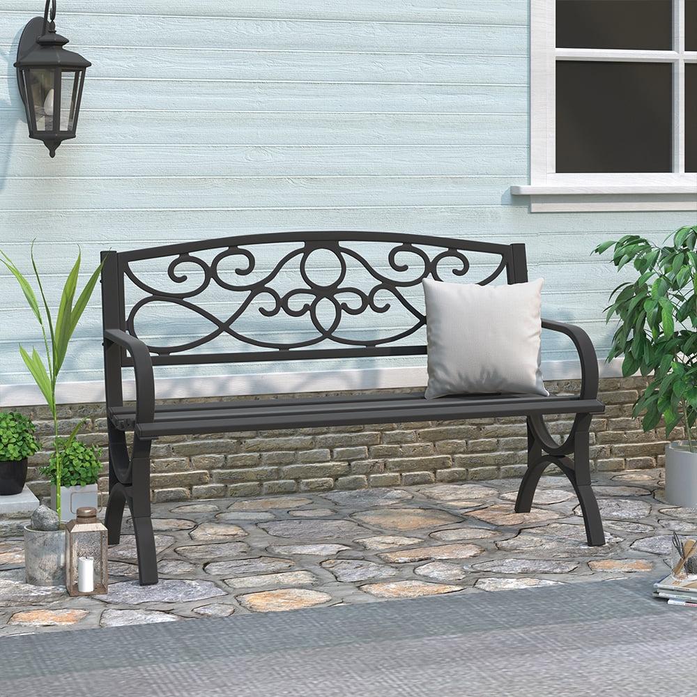Abble Outdoor Steel Patio Bench, Cast Iron Scroll Back Garden Bench - Image 3