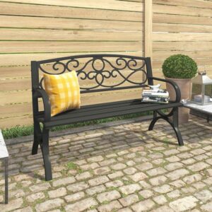 Abble Outdoor Steel Patio Bench, Cast Iron Scroll Back Garden Bench