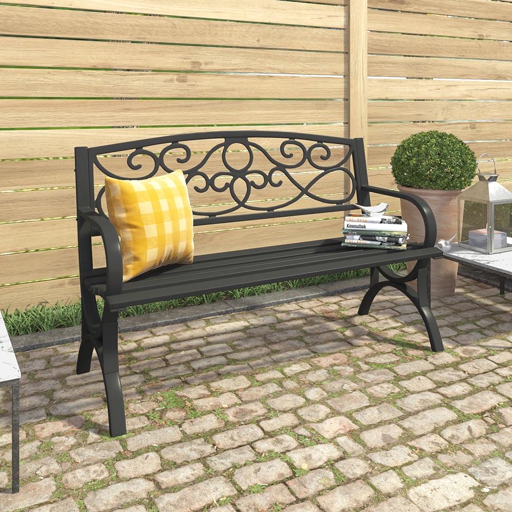 Abble Outdoor Steel Patio Bench, Cast Iron Scroll Back Garden Bench