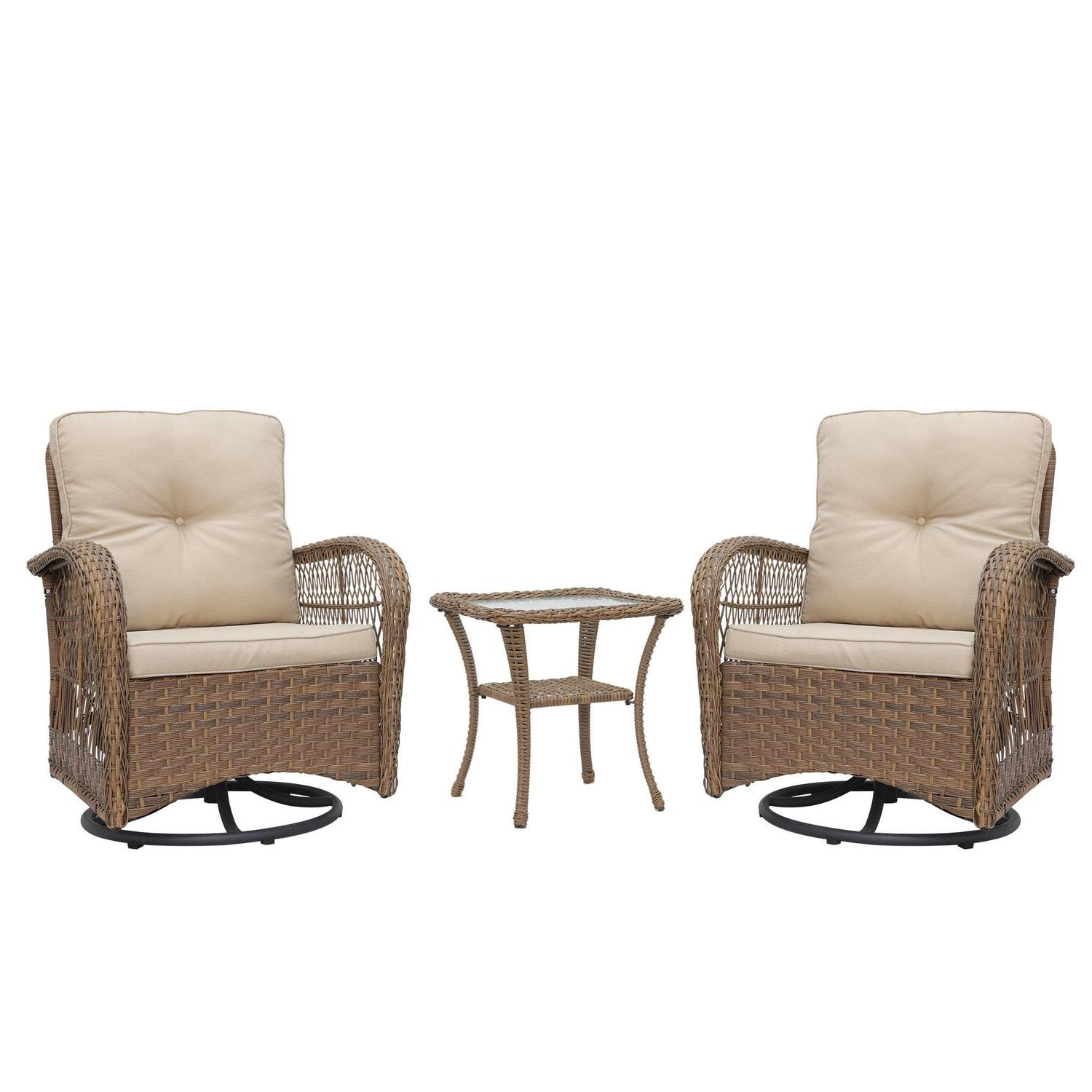 Abble Swivel Conversation 3 Piece Rattan Seating Group Set with Cushions - Image 2