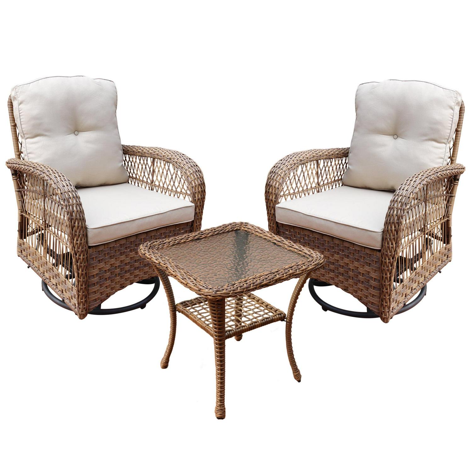 Abble Swivel Conversation 3 Piece Rattan Seating Group Set with Cushions - Image 2