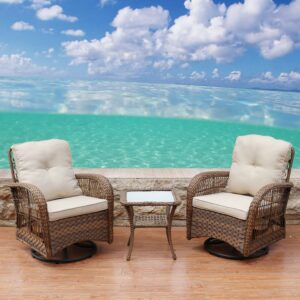 Abble Swivel Conversation 3 Piece Rattan Seating Group Set with Cushions