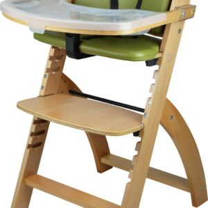 Abiie Beyond Wooden High Chair with Tray. The Perfect Adjustable Baby Highchair Solution for Your Babies & Toddlers or as a Dining Chair. (6 Months up to 250 Lb) (Natural Wood - Olive Cushion)