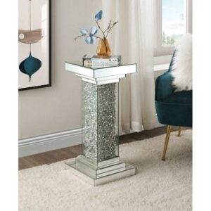 Acme Noralie Pedestal Stand, Mirrored & Faux Diamonds, Composite Wood, Mirror, Acrylic, Glass, Indoor