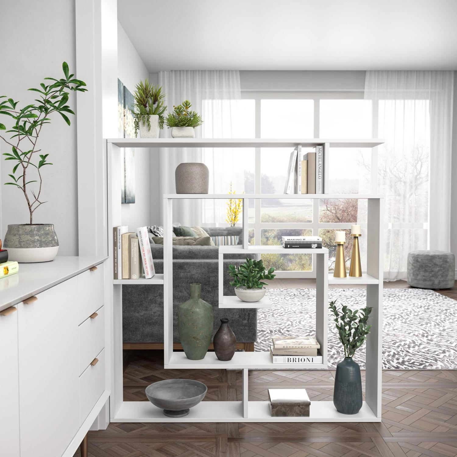 Ada Home Decor Briscoe 4 Tier Open Shelf Bookcase Modern Geometric Book Shelves, White - Image 6