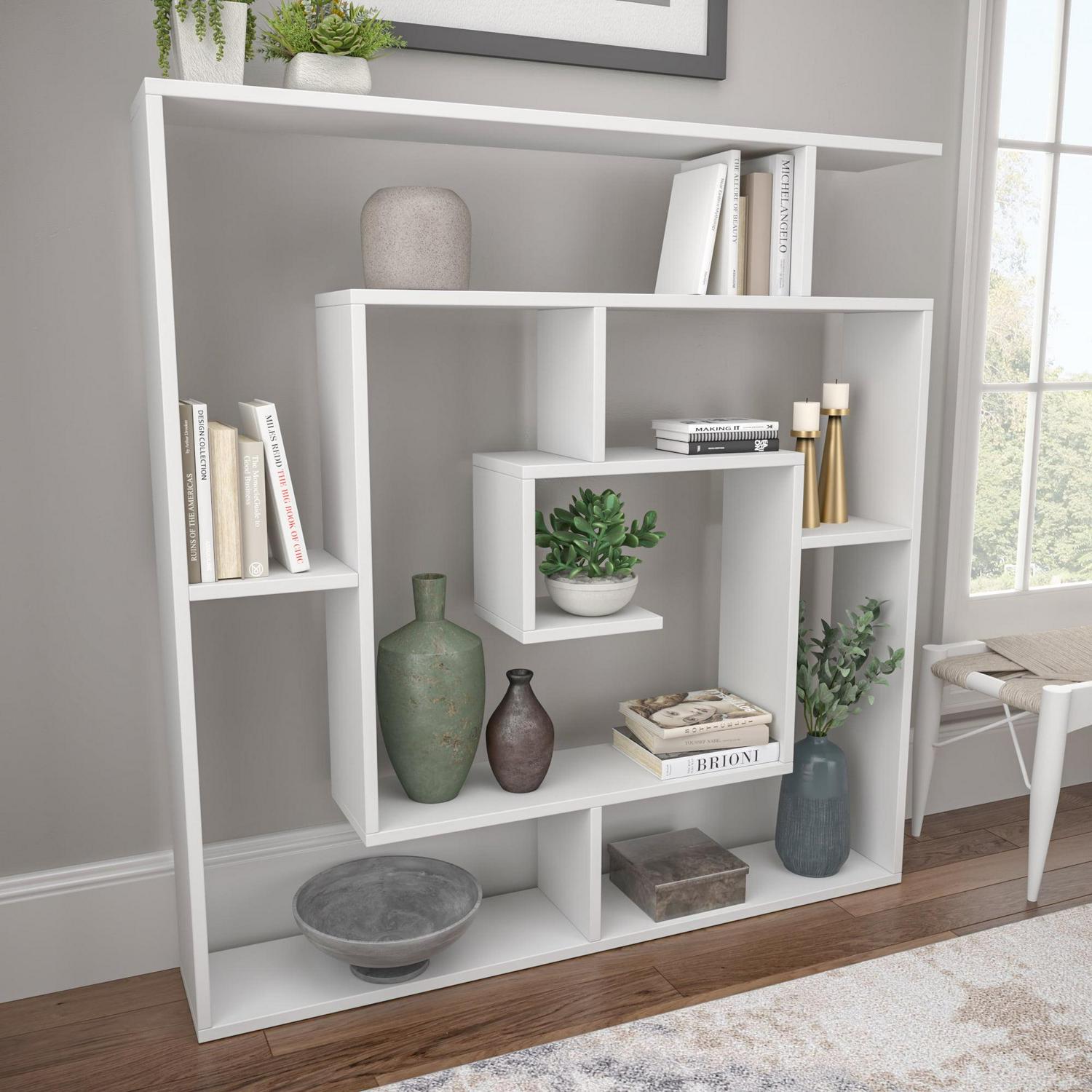 Ada Home Decor Briscoe 4 Tier Open Shelf Bookcase Modern Geometric Book Shelves, White - Image 3