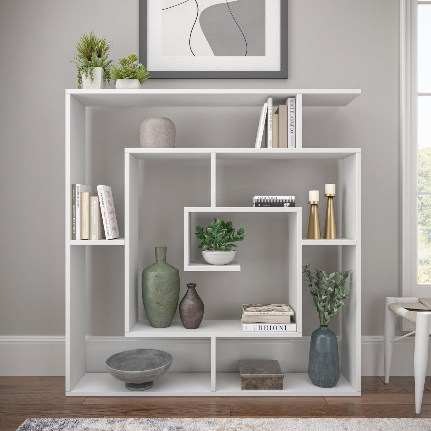 Ada Home Decor Briscoe 4 Tier Open Shelf Bookcase Modern Geometric Book Shelves, White