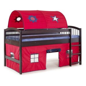 Alaterre Furniture Addison Espresso Finish Junior Loft Bed, Red Tent and Playhouse with Blue Trim