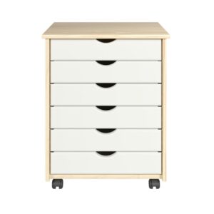 Adeptus Original Roll Cart, Solid Wood, 6 Drawer Extra Wide Roll Cart, Natural and White