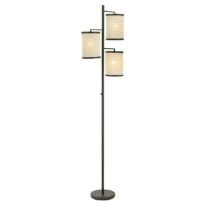 Adesso 74" Bellows Tree Bronze Pole Standing Floor Lamp w/ 3 White Linen Shades
