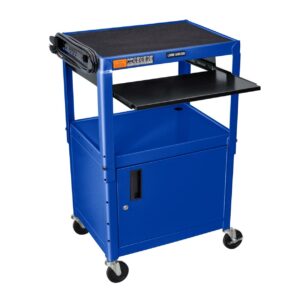 Adjustable Height Blue Metal A/V Cart With Pullout Keyboard Tray And Cabinet