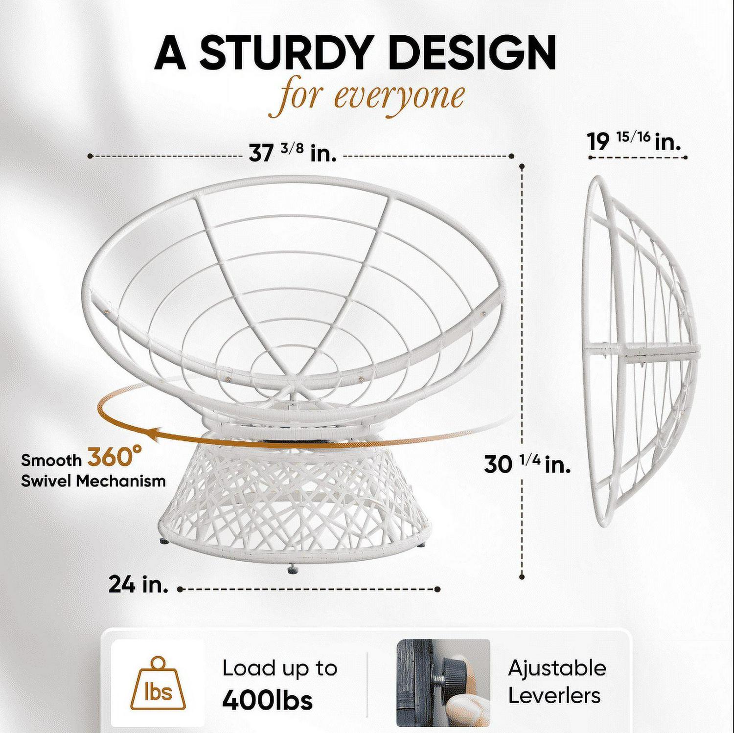 360 Swivel Comfy Papasan Chair with Fabric Cushion, Pure Pearl - White Frame - Image 4