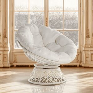 360 Swivel Comfy Papasan Chair with Fabric Cushion, Pure Pearl - White Frame