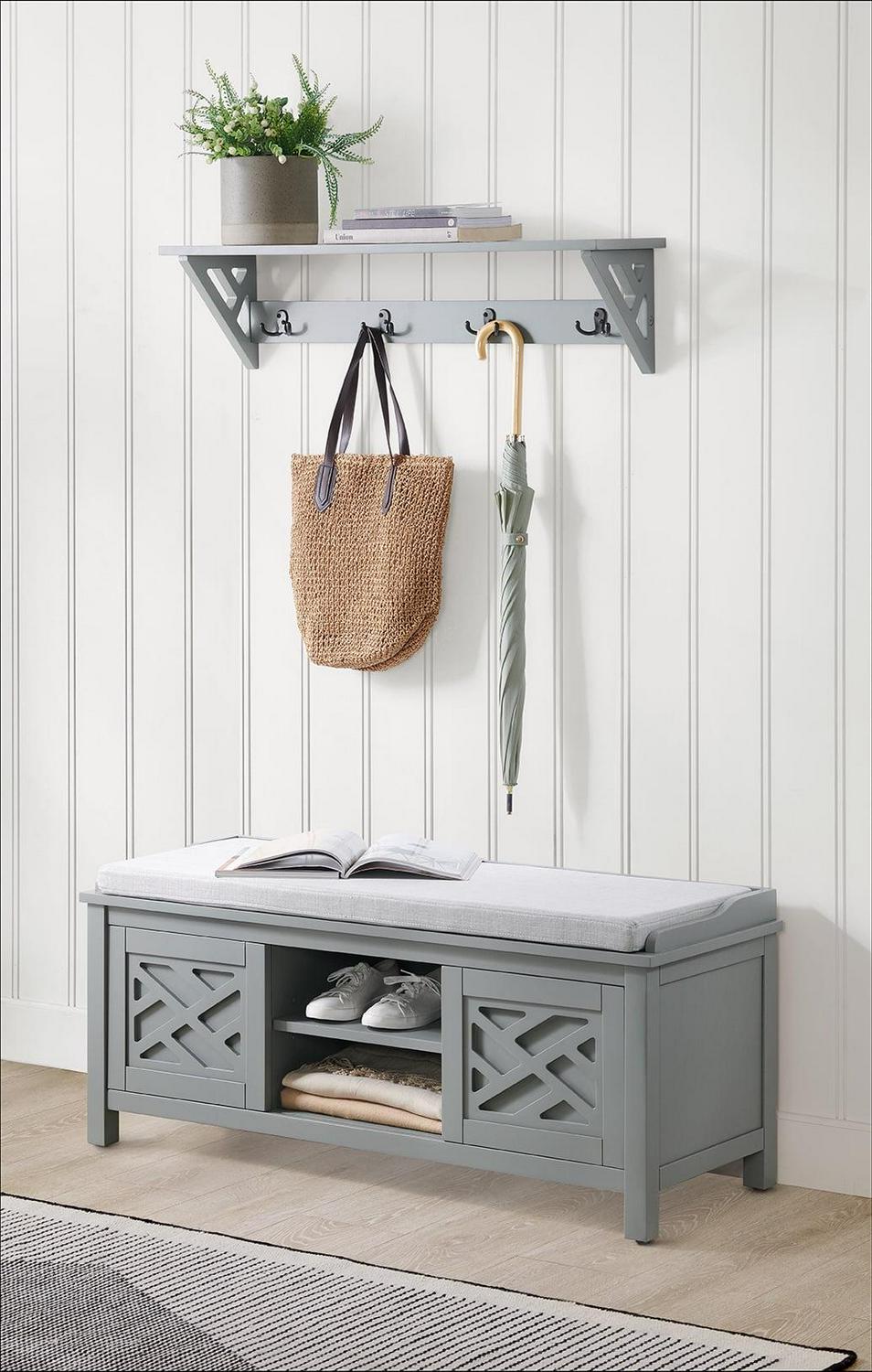 Alaterre Coventry 36"W Coat Hook with Storage Bench Hall Tree Set, Gray - Image 2