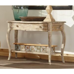 Alaterre Furniture Rustic Media/Console Table, Solid Wood Legs, with Open Shelf and Nylon Floor Protectors, Driftwood