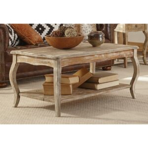 Alaterre Furniture Rustic Coffee Table with Open Shelf, Driftwood Natural Finish, Accent Furniture for Living Room, Curved Legs, Assemble Required