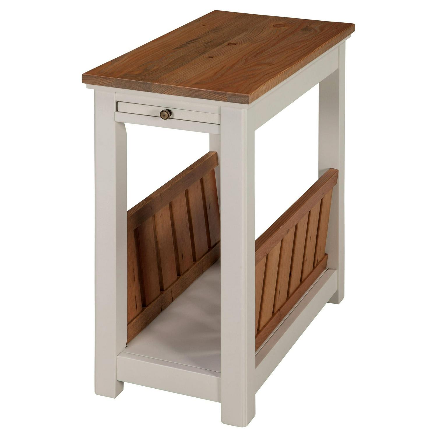 Alaterre Furniture Savannah Chairside Magazine End Table with Pull-out Shelf, Ivory with Natural Wood Top