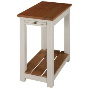 Alaterre Furniture Savannah Chairside End Table with Pull-out Shelf, Ivory with Natural Wood Top