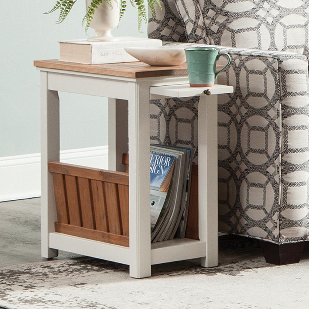 Alaterre Furniture Savannah Chairside Magazine End Table with Pull-out Shelf, Ivory with Natural Wood Top - Image 3