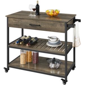 Alden Design 3-Tier Rolling Kitchen Island Cart with Storage Drawer, Taupe Wood