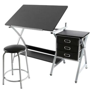 Alden Design 50'' Adjustable Steel Drafting Table with Stool, Black