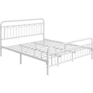 Alden Design Metal Platform Bed with Vintage Headboard and Footboard, California King Size, White