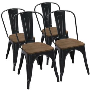 Alden Design Metal Dining Chairs Side Chairs with Wooden Seat, Set of 4, Black