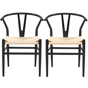 Alden Design Mid-Century Metal Dining Chairs with Woven Hemp Seat, Set of 2, Black