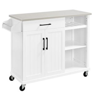 Alden Design Rolling Storage Kitchen Cart Cabinet with Steel Top, White