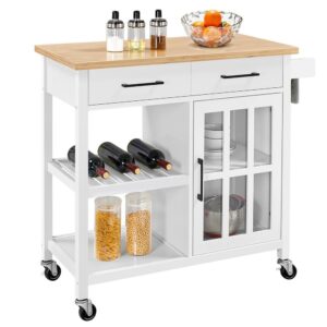 Alden Design Rolling Kitchen Island Cart with Bamboo Top, White