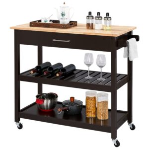 Alden Design Wooden Kitchen Cart with Storage Shelves and Drawer, Espresso/Oak